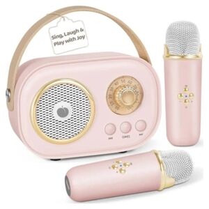 Portable Pink Karaoke Speaker System with Dual Microphones